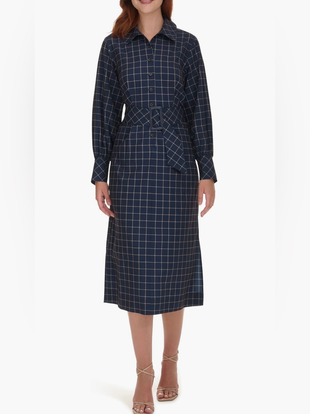 Calvin Klein Comm Windowpane Long Sleeve Midi Shirtdress Size 8